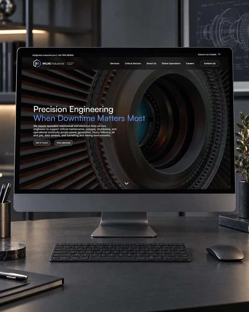 Milne Industrial opening banner displayed on a desktop monitor