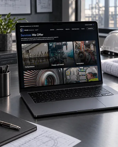 Milne Industrial services section displayed on a laptop
