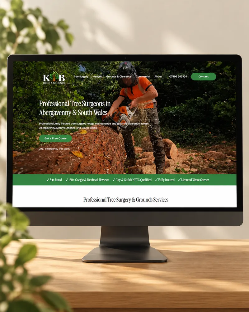 KB Trees and Grounds homepage displayed on a desktop monitor