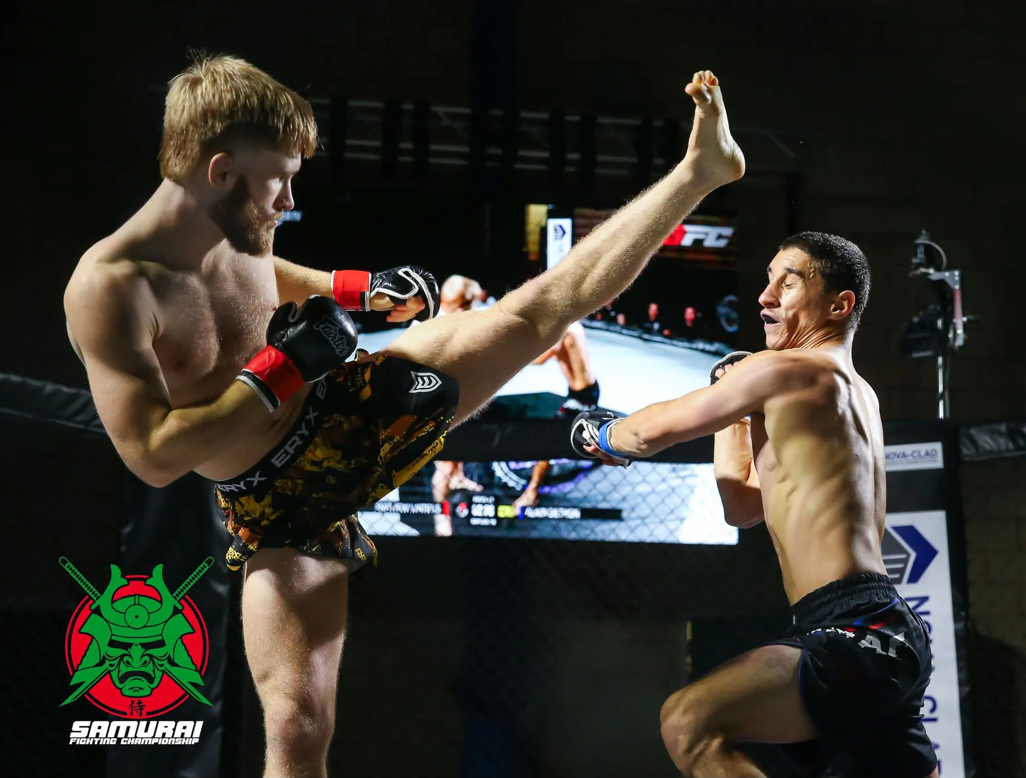 Matthew Waters landing a high kick on his opponent in the cage