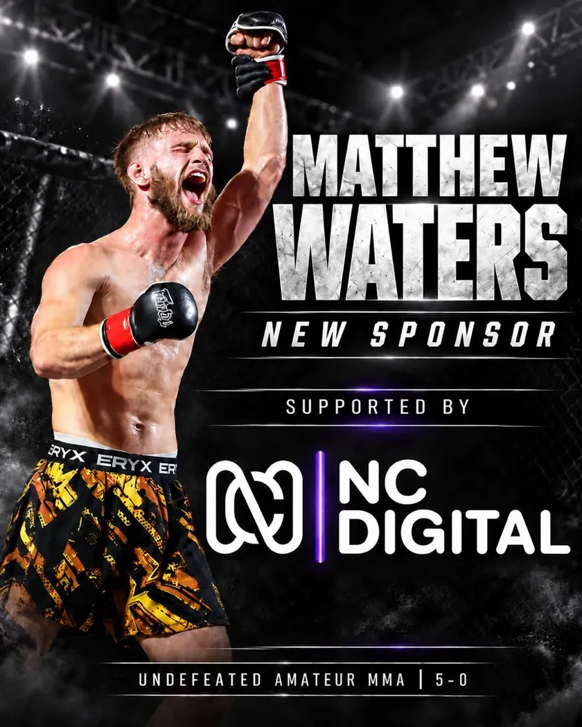 Matthew Waters celebrating in the cage with the NC Digital logo and the words New Sponsor, Undefeated Amateur MMA 5-0
