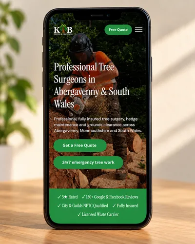KB Trees and Grounds homepage displayed on a mobile phone