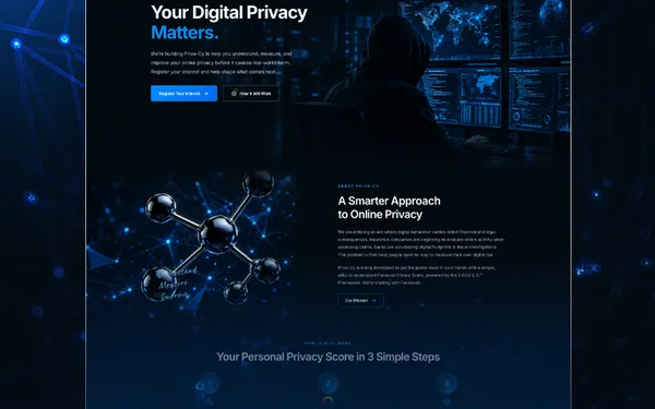 Priva-Cy website homepage with a dark cybersecurity design and blue accents
