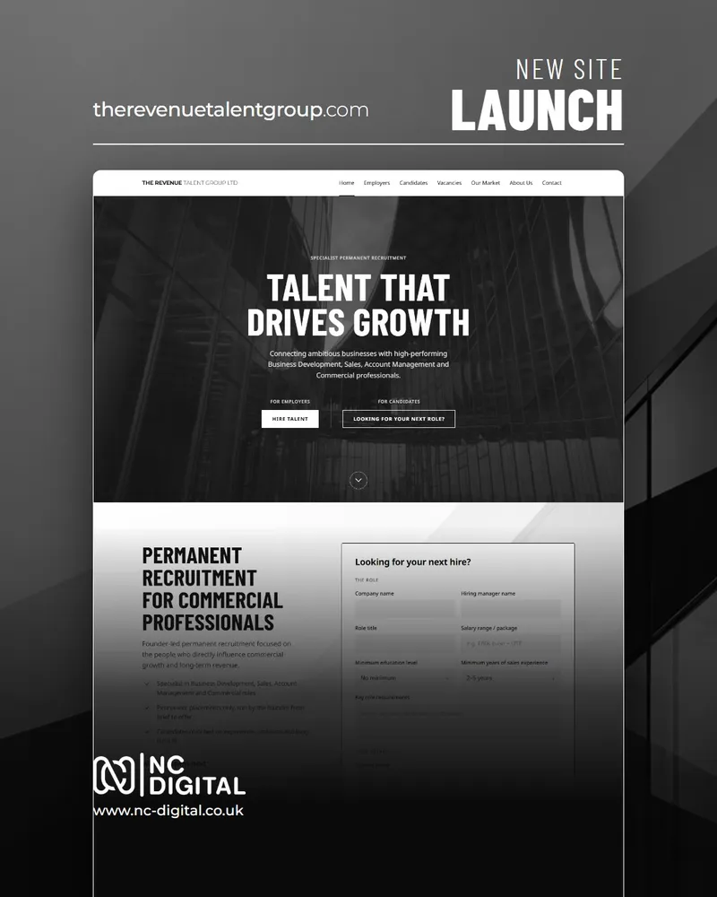 The Revenue Talent Group homepage with the Talent That Drives Growth headline and hiring brief form