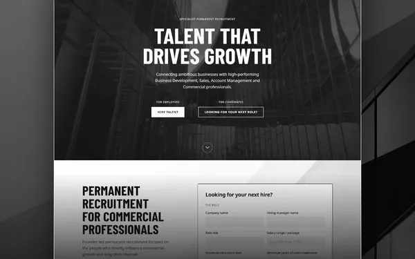 The Revenue Talent Group website homepage with a black and white architectural design