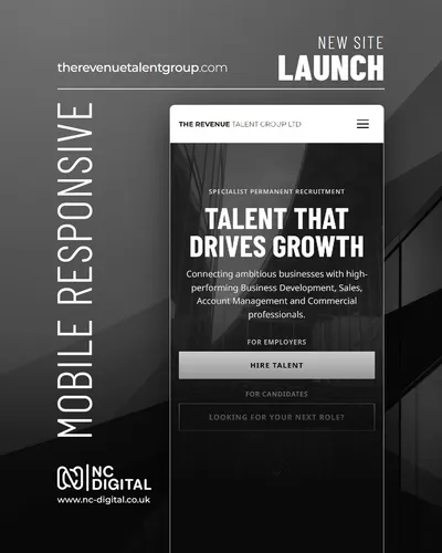 The Revenue Talent Group homepage opening section on a mobile phone