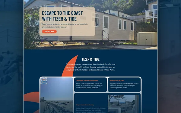 Tizer & Tide static caravan website homepage with a navy and orange coastal design