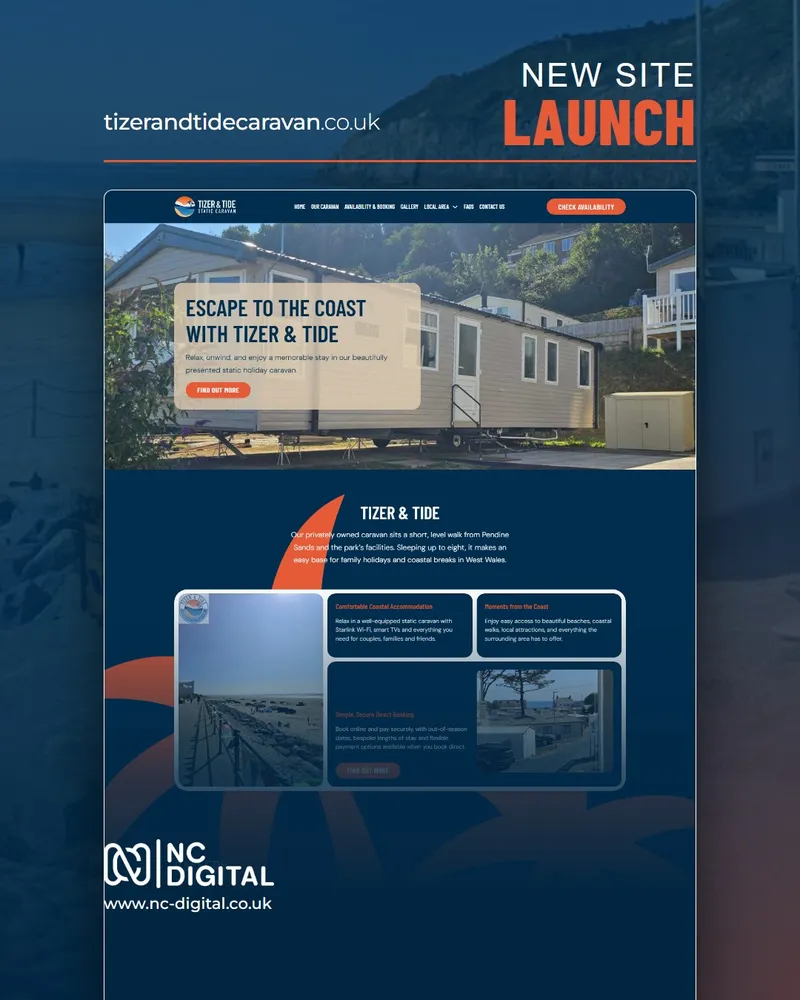 Tizer and Tide homepage with the Escape to the Coast headline over a photo of the caravan